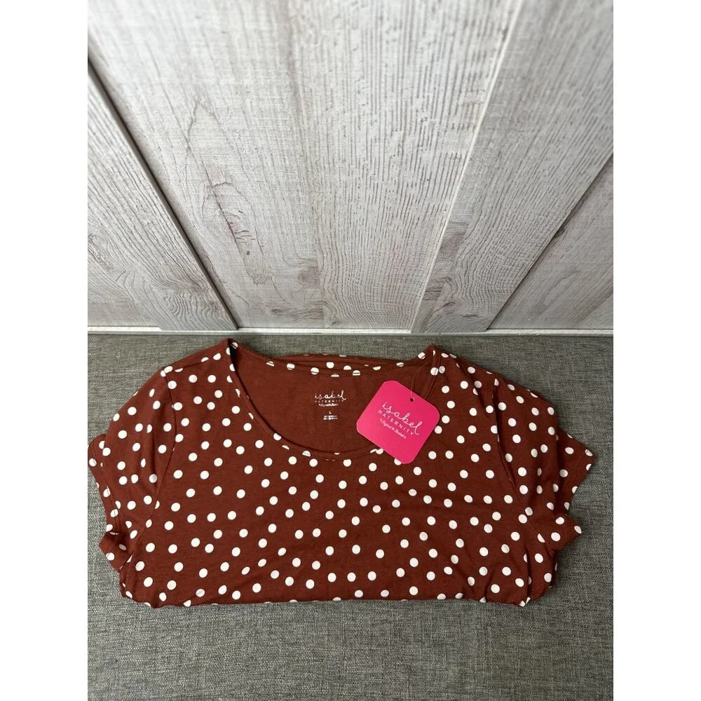 Isabel Maternity Rust Brown White Polka Dot Ruched Dress Midi L Summer Beach - Picture 3 of 7